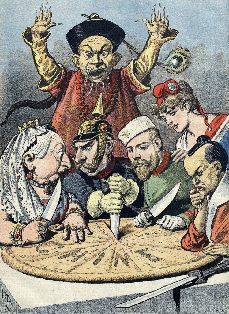 A French political cartoon from 1898, one of many racist political cartoons in the era that depict the leaders of the UK, Germany, Russia, France, and Japan fighting over how to carve up China and divide the land among the colonizers while the Chinese were powerless to stop them.